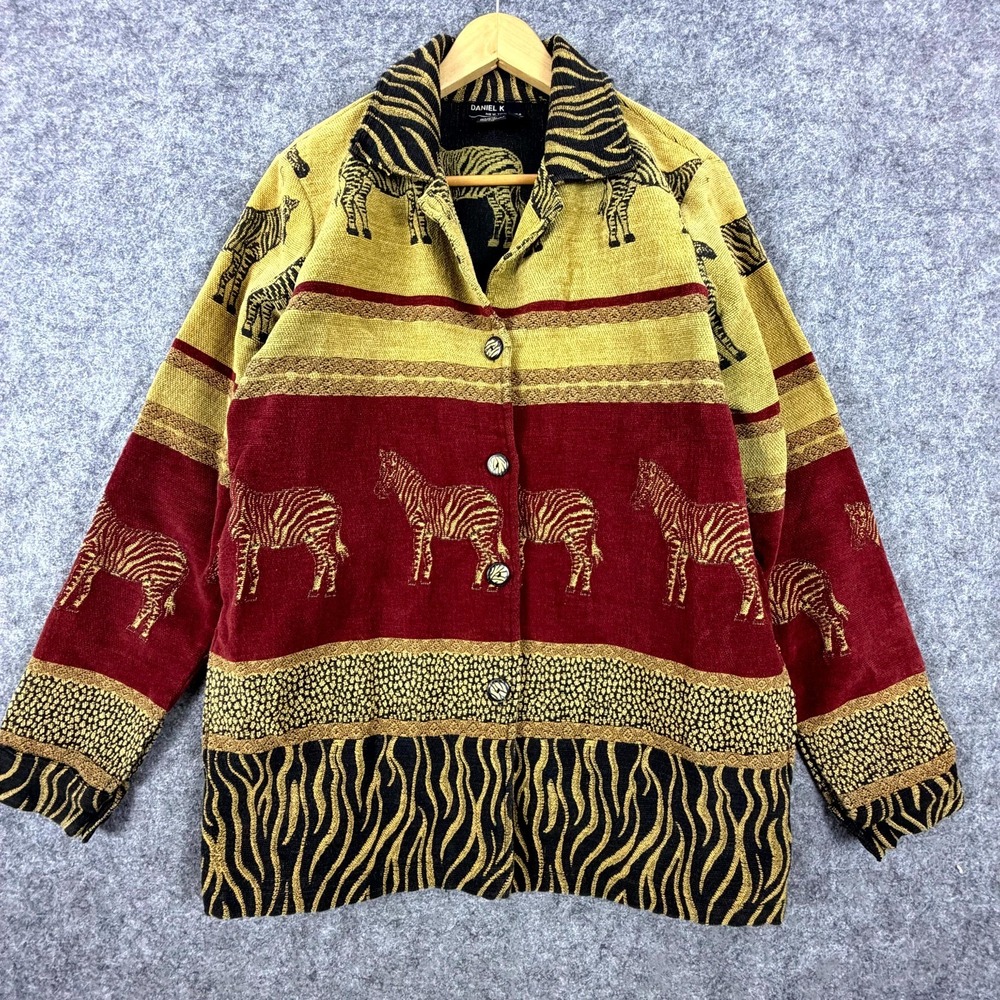 Vintage Daniel K Tapestry Jacket Women L Burgundy Gold Zebra Safari Button Front